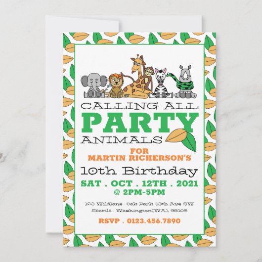 野生のサファリ動物と子供の誕生日パーティー 招待状 (正面)