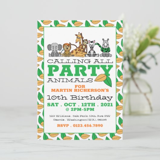 野生のサファリ動物と子供の誕生日パーティー 招待状 (スタンド正面)