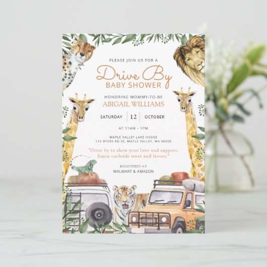 野生のサファリ動物のベビーシャワーをドライブバイ 招待状 (スタンド正面)