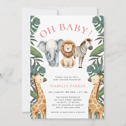 野生のサファリ動物の女の子ベビーシャワー 招待状 (正面)