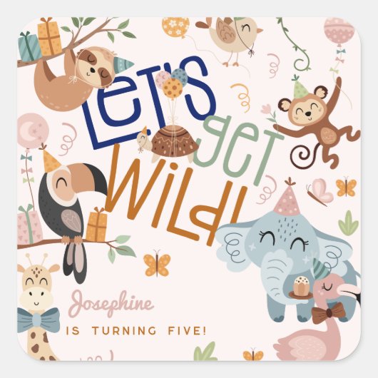 野生のサファリ動物の子供の誕生日パーティー スクエアシール (正面)