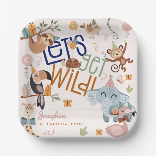 野生のサファリ動物の子供の誕生日パーティー ペーパープレート (正面)