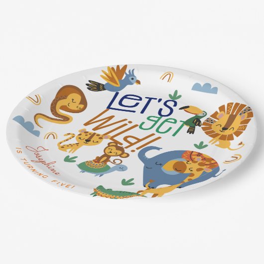 野生のサファリ動物の子供の誕生日パーティー ペーパープレート (アングル)