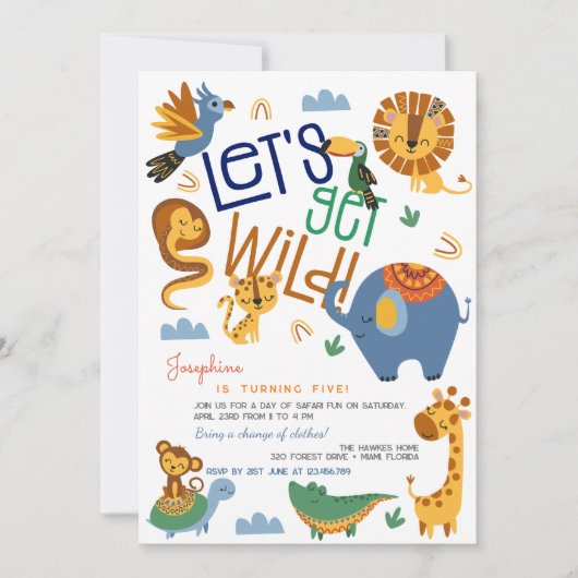 野生のサファリ動物の子供の誕生日パーティー 招待状