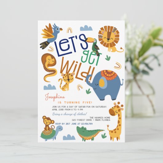 野生のサファリ動物の子供の誕生日パーティー 招待状 (スタンド正面)