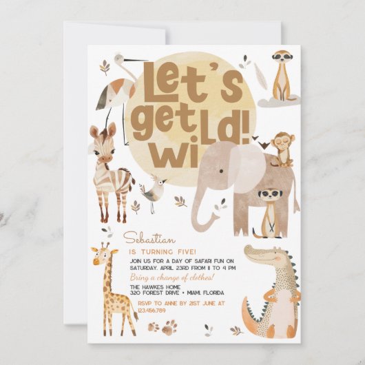 野生のサファリ動物の子供の誕生日パーティー 招待状 (正面)