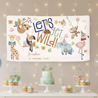 野生のサファリ動物の子供の誕生日パーティー 横断幕