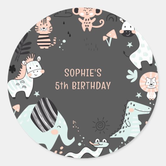野生のサファリ動物の子供の誕生日 ラウンドシール (正面)