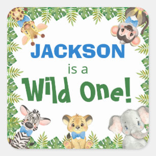 野生のサファリ動物の少年ファースト誕生日 スクエアシール