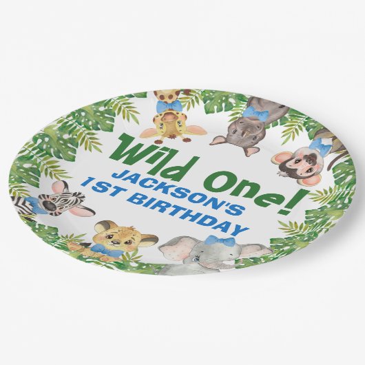 野生のサファリ動物の少年ファースト誕生日 ペーパープレート (アングル)
