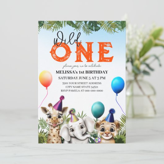 野生のサファリ動物の誕生日パーティーへの招待 招待状 (スタンド正面)