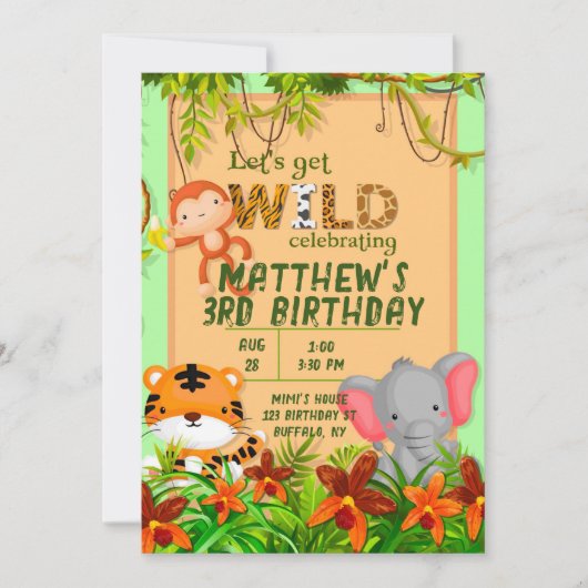 野生のサファリ動物の誕生日パーティーを取得しようInvita 招待状 (正面)