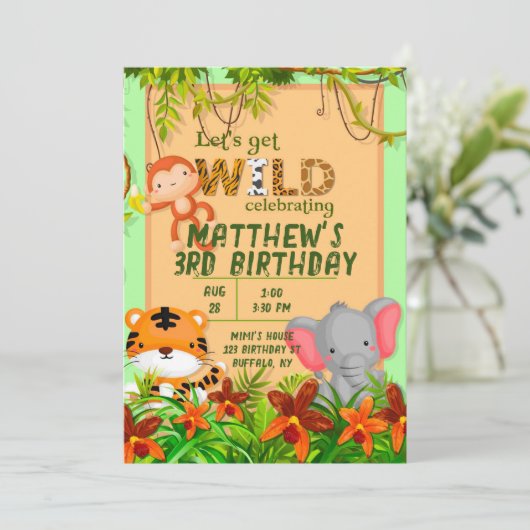 野生のサファリ動物の誕生日パーティーを取得しようInvita 招待状 (スタンド正面)