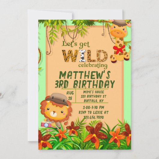 野生のサファリ動物の誕生日パーティーを開催 招待状 (正面)