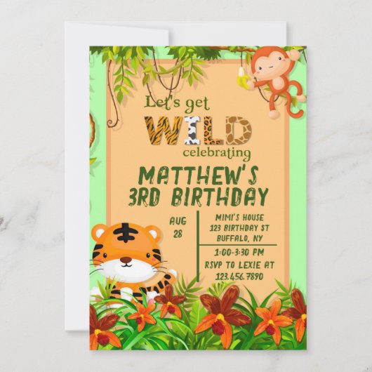 野生のサファリ動物の誕生日パーティーを開催 招待状 (正面)