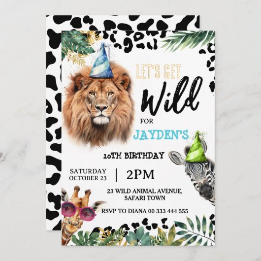 野生のサファリ動物の誕生日パーティーを開催 招待状 (正面/裏面)