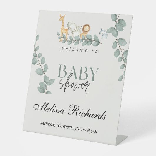 野生のサファリ動物の赤ちゃんシャワージャングルの緑 台座サイン (正面)