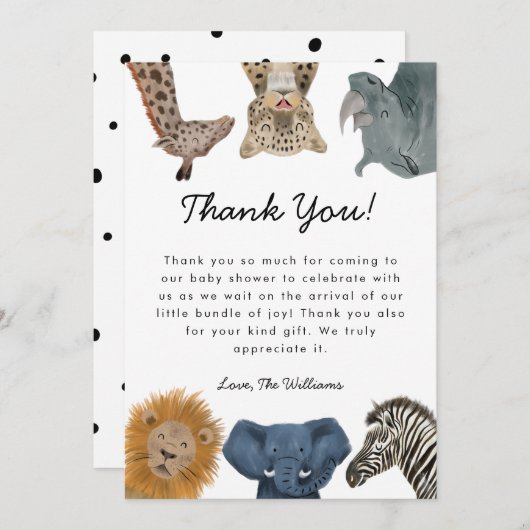 野生のサファリ動物の赤ちゃんシャワー男女兼用 サンキューカード (正面/裏面)