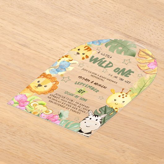 野生のサファリ動物の赤ちゃんシャワー アクリル招待状 (レイダウン)