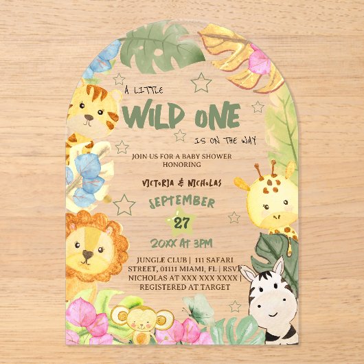野生のサファリ動物の赤ちゃんシャワー アクリル招待状 (正面)