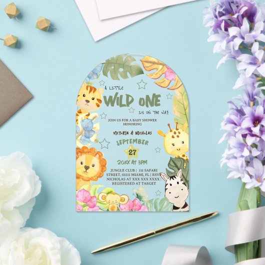 野生のサファリ動物の赤ちゃんシャワー アクリル招待状 (インサイチュ (ウェディング))