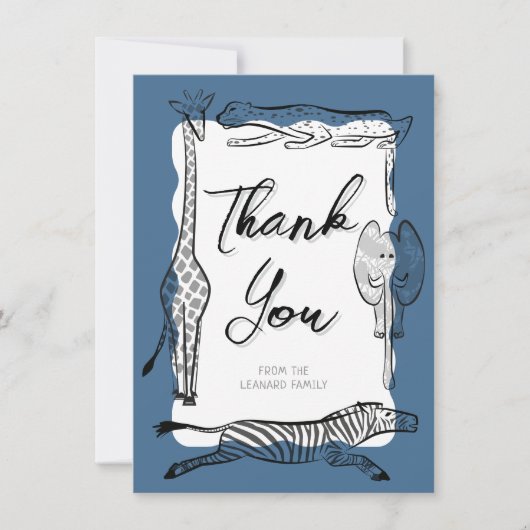 野生のサファリ動物フレームデニムブルー サンキューカード (正面)