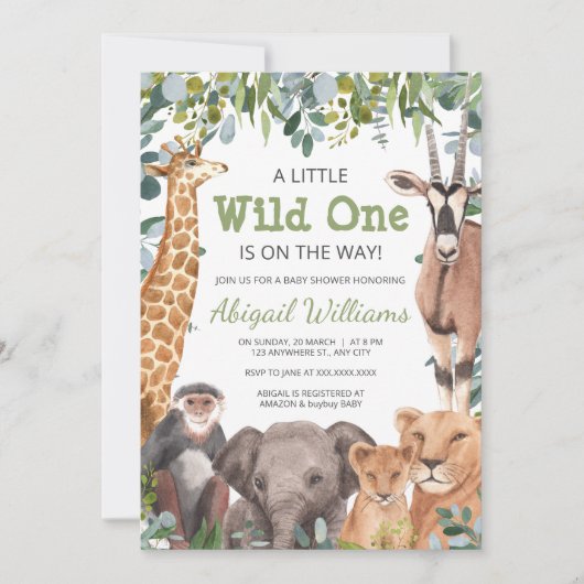 野生のサファリ動物 – キリン、象のベビーシャワー 招待状 (正面)