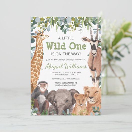 野生のサファリ動物 – キリン、象のベビーシャワー 招待状 (スタンド正面)
