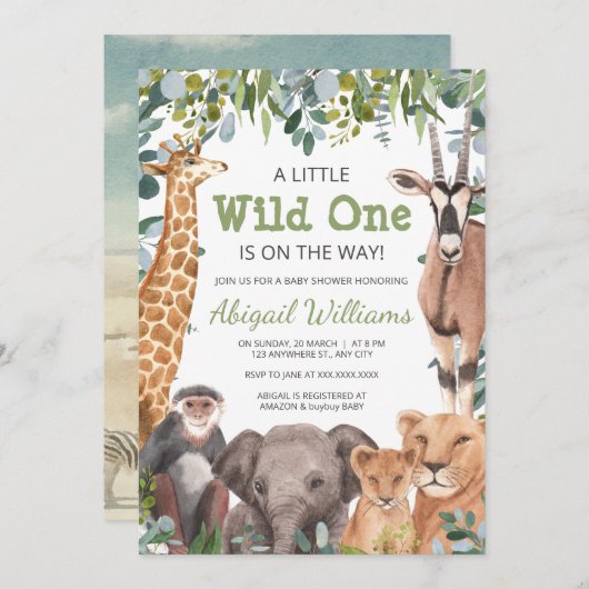 野生のサファリ動物 – キリン、象のベビーシャワー 招待状 (正面/裏面)