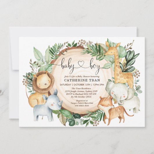 野生のサファリ緑のジャングルの少年のベビーシャワー 招待状 (正面)