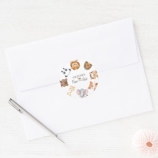 野生のサファリ4歳の誕生日4回 ラウンドシール (封筒)