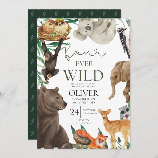 野生のサファリ4歳の誕生日4回 招待状 (正面/裏面)