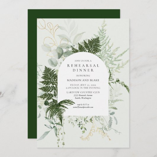 野生のシダ緑の森のリハ結婚ーサルディナー 招待状 (正面/裏面)