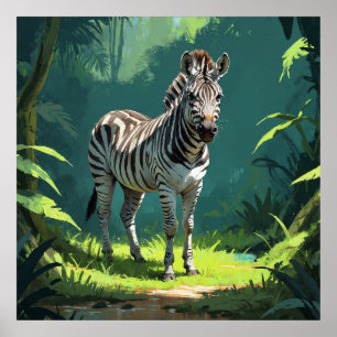 野生のシマウマに立つ穏やかなゼブラ絵画ー ポスター