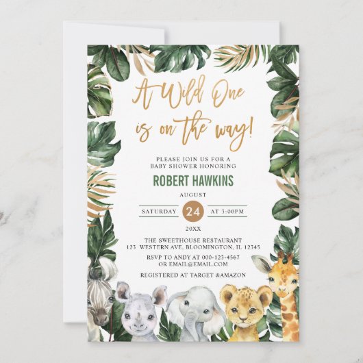 野生のジャングルのサファリ動物の赤ちゃんシャワー 招待状 (正面)