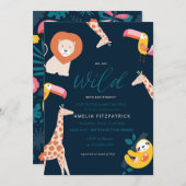 野生のジャングルの動物のベビーシャワー|の青 招待状 (正面/裏面)