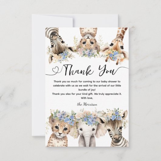 野生のジャングルアニマルサファリベイビーシャワーボーイ サンキューカード (正面)