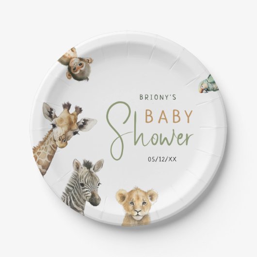 野生のジャングルサファリ動物の赤ちゃんシャワー ペーパープレート (正面)