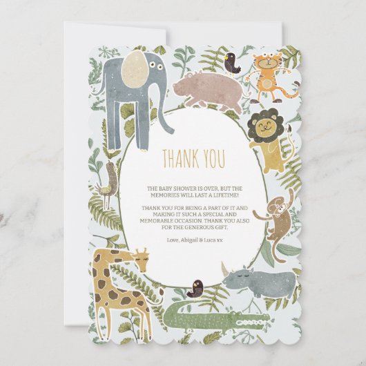 野生のジャングルサファリ動物植物性ベビーシャワー サンキューカード (裏面)