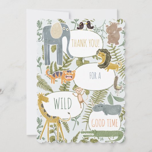 野生のジャングルサファリ動物植物性ベビーシャワー サンキューカード (正面)