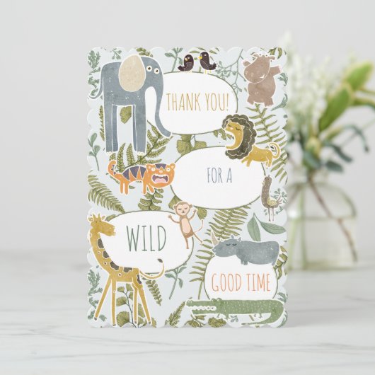 野生のジャングルサファリ動物植物性ベビーシャワー サンキューカード (スタンド正面)