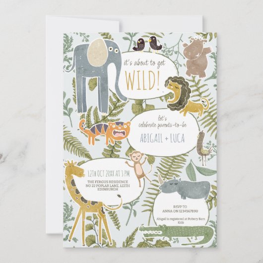 野生のジャングルサファリ動物植物性ベビーシャワー 招待状 (正面)