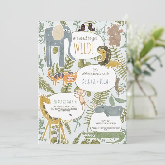 野生のジャングルサファリ動物植物性ベビーシャワー 招待状 (スタンド正面)