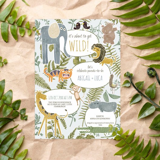 野生のジャングルサファリ動物植物性ベビーシャワー 招待状