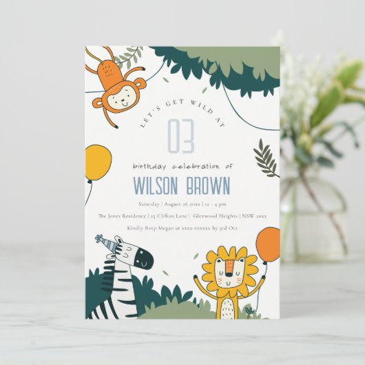 野生のジャングル動物の子供たち任意の年齢誕生日招待状 サンキューカード (スタンド正面)