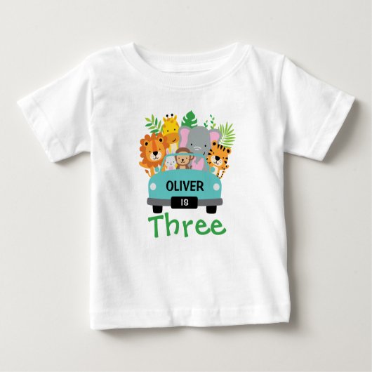 野生のジャングル動物の少年3歳の誕生日パーソナライズされた ベビーTシャツ (正面)
