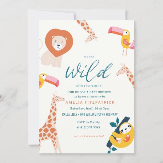 野生のジャングル動物の赤ちゃんシャワー |白 招待状 (正面)