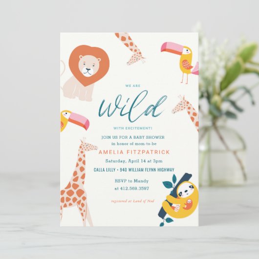 野生のジャングル動物の赤ちゃんシャワー |白 招待状 (スタンド正面)