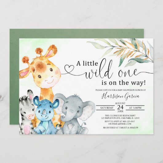 野生のジャングル動物サファリのベビーシャワー 招待状 (正面/裏面)