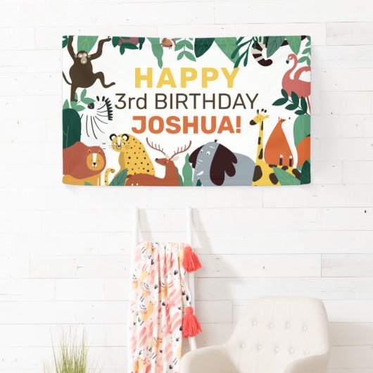 野生のジャングル動物子供の誕生日カスタムパーティー 横断幕 (インサイチュ)